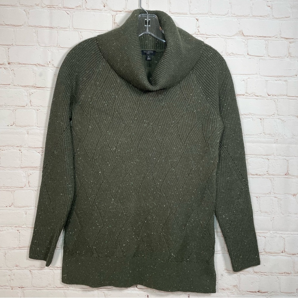 Talbots Sweater Womens Petite Petite Green Speckle Cowl Neck Pullover